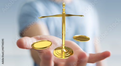 Businessman with justice weighing scales 3D rendering