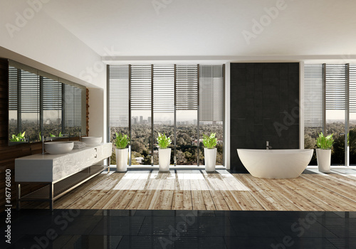 Moderne freistehende Badewanne in Designer Badezimmer mit Holzboden