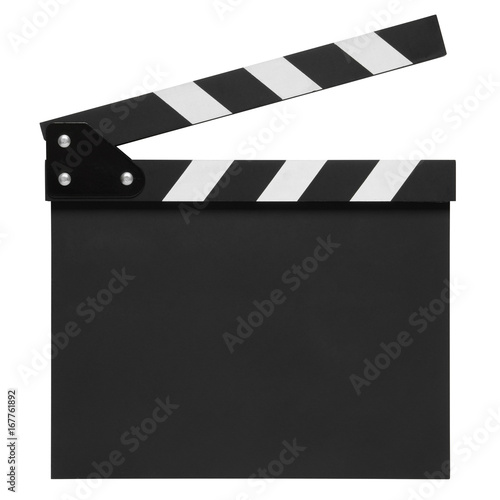 Fotótapéta open blank black clapper board on top view vintage white wood table for the acti