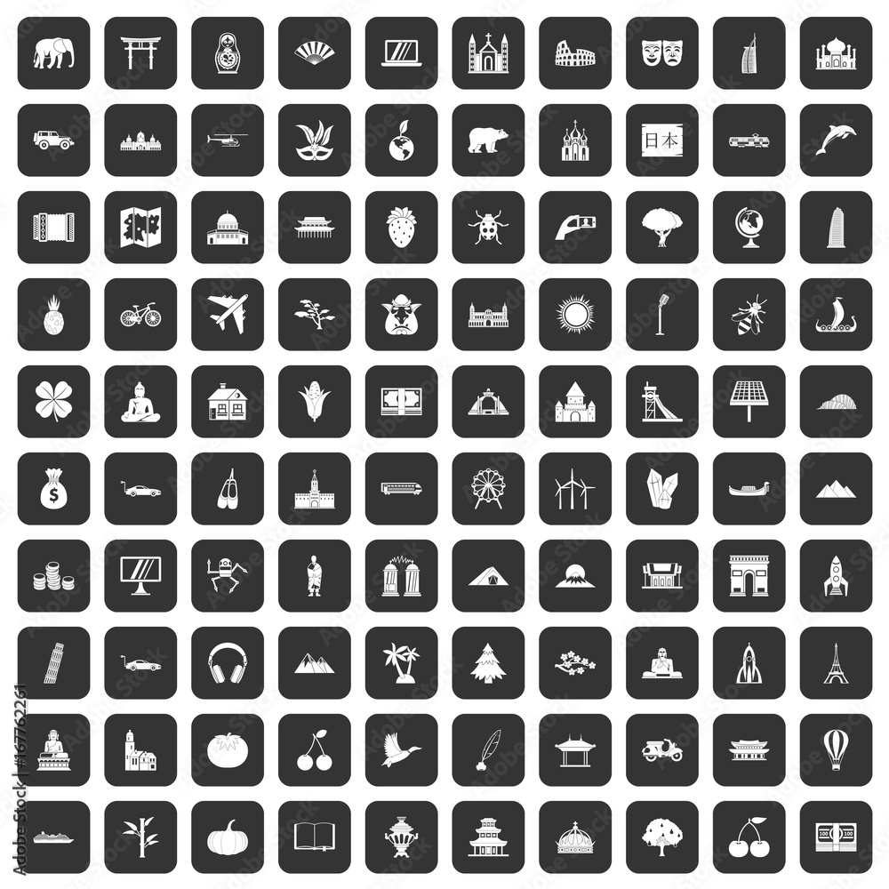 100 world icons set black 100 world icons set black