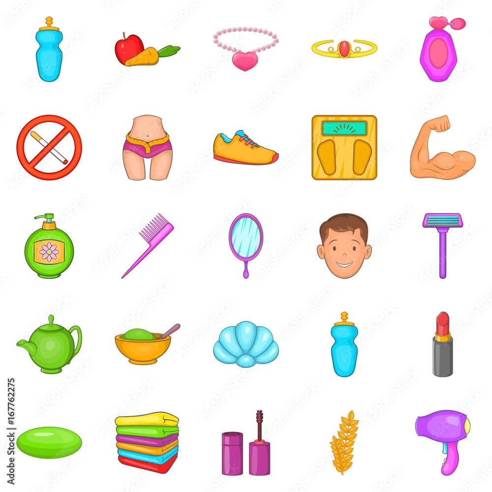 Goodliness icons set, cartoon style Goodliness icons set, cartoon style