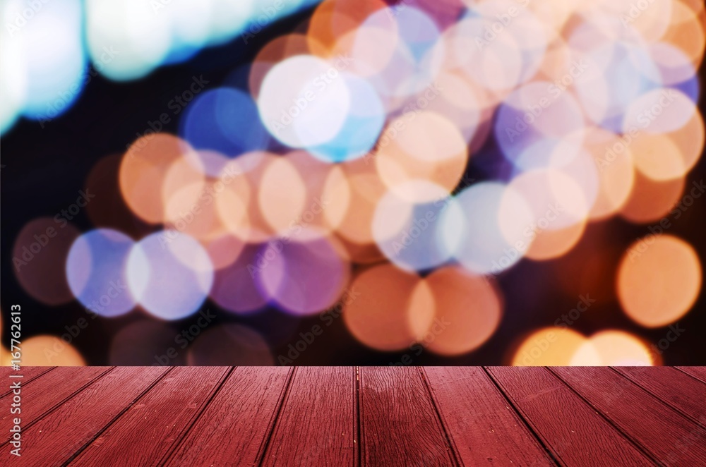 empty red wooden floor or wooden terrace with blurred night light bokeh background, copy space for display of product or object presentation, color tone effect empty red wooden floor or wooden terrace with blurred night light bokeh background, copy space for display of product or object presentation, color tone effect