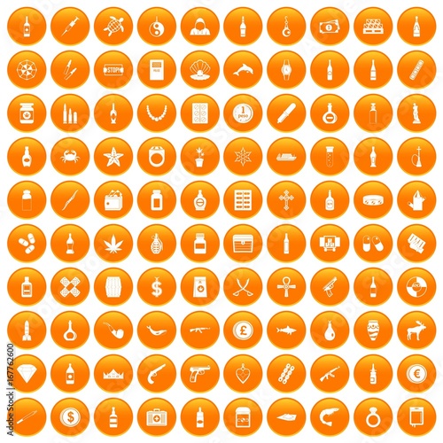100 smuggling goods icons set orange