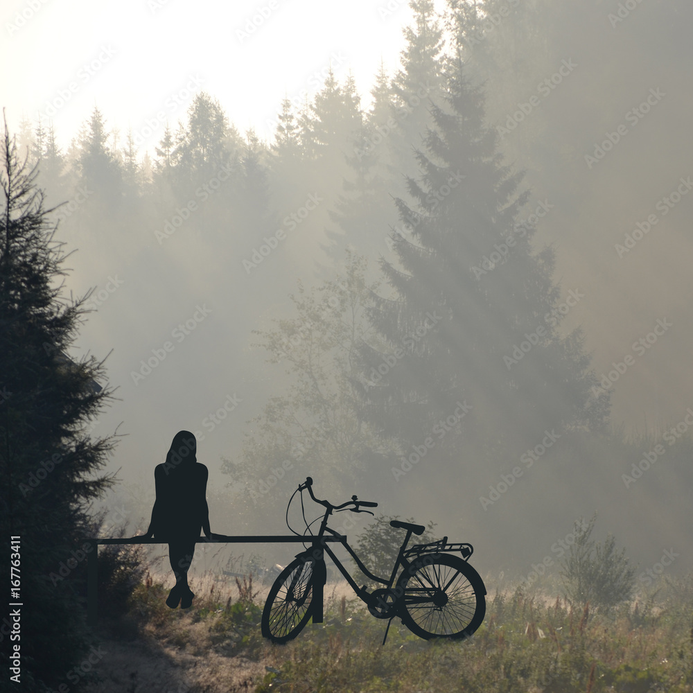 Obraz premium Woman with bicycle resting on a bench