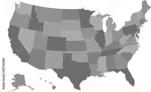 Map of the United States of America split into individual states. Gray shades.