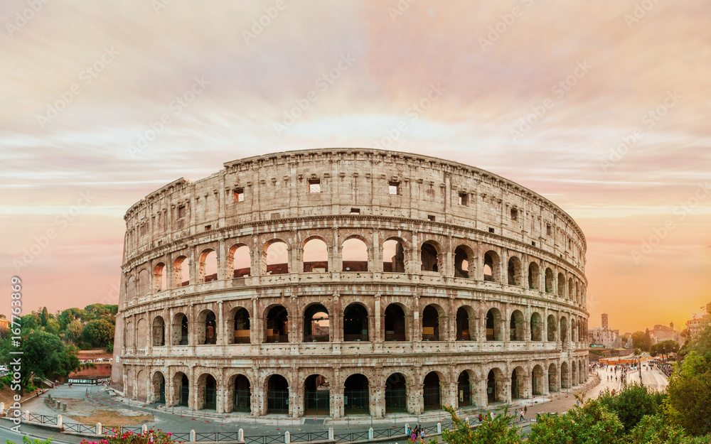 Colosseum panorama at sunset time with marvelous sky.