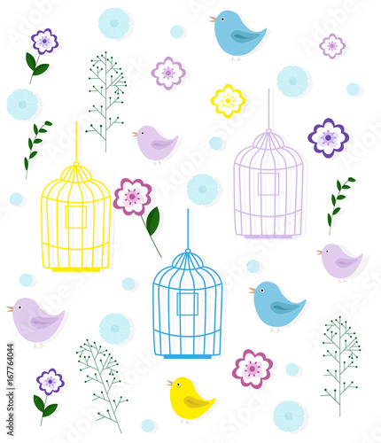 Birds cage and floral pattern. Kids childhood style Vector vintage
