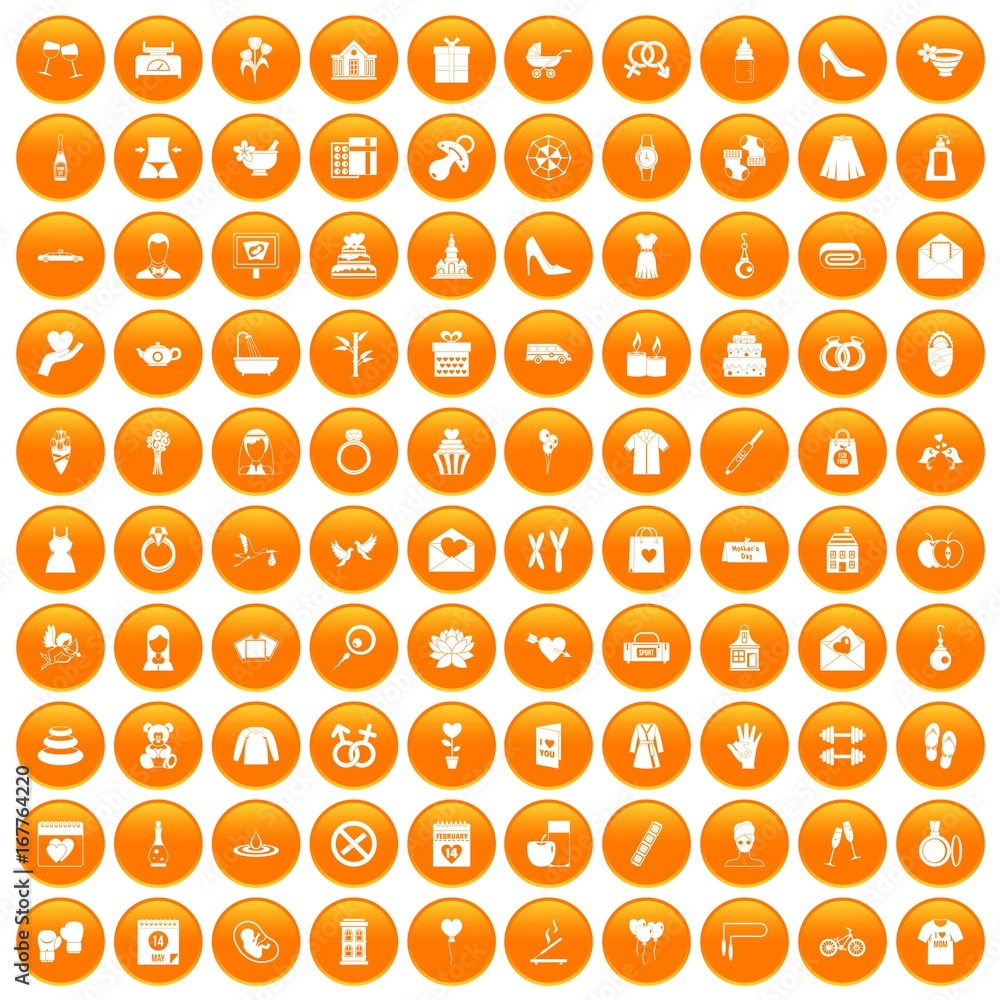 100 woman happy icons set orange