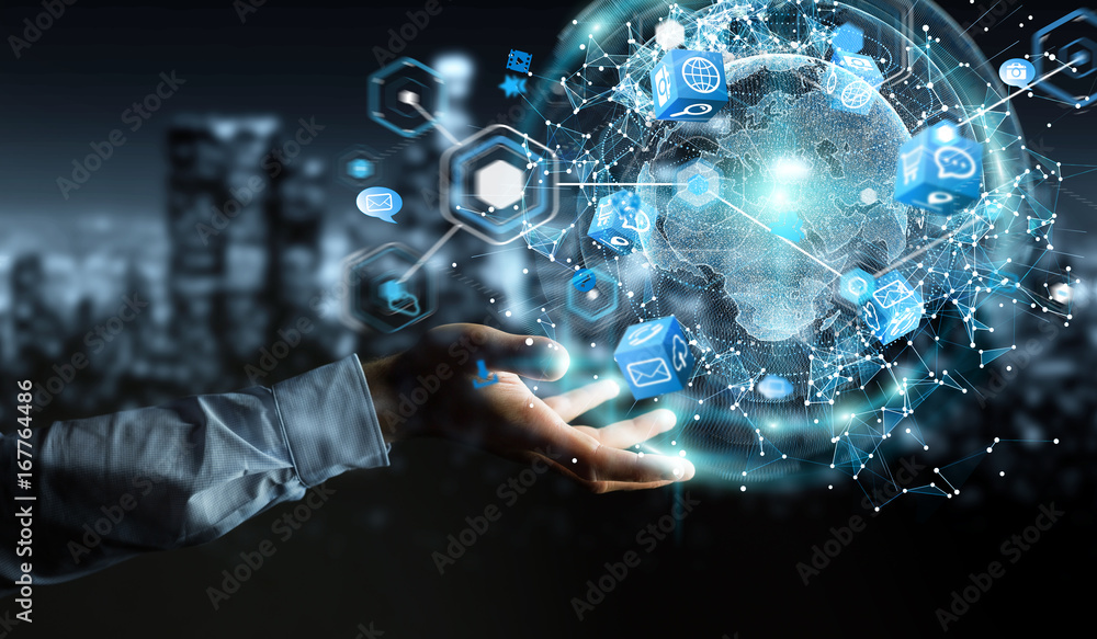 custom made wallpaper toronto digitalFlying earth network interface activated by businessman 3D rendering