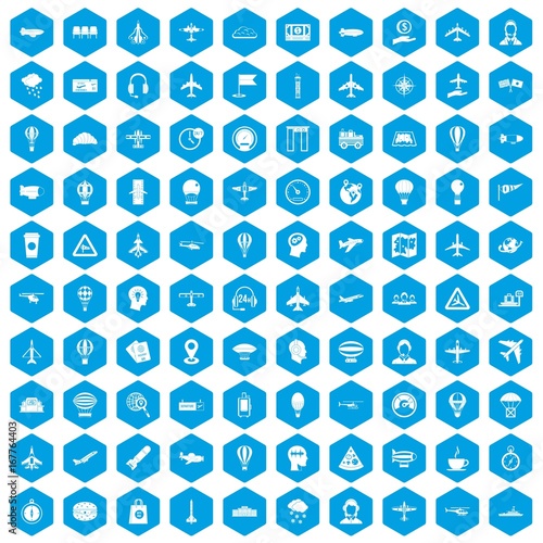100 aviation icons set blue