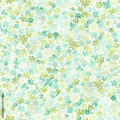 Seamless pattern with small green and yellow flowers. Watercolor painting.