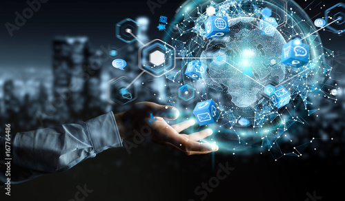 Wallpaper Mural Flying earth network interface activated by businessman 3D rendering Torontodigital.ca