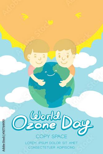 World Ozone Day 16 September vertical Banner set, Global warming concept kids hug protection smile earth, sun, sky and cloud illustration isolated on blue background, with copy space