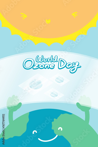 World Ozone Day 16 September vertical Banner set  Global warming concept smile earth with hand hold ozone layer fix and sun illustration isolated on blue background  with copy space