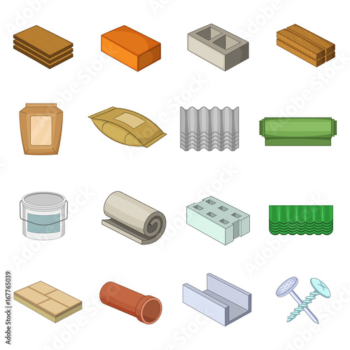 Building material icons set, cartoon style