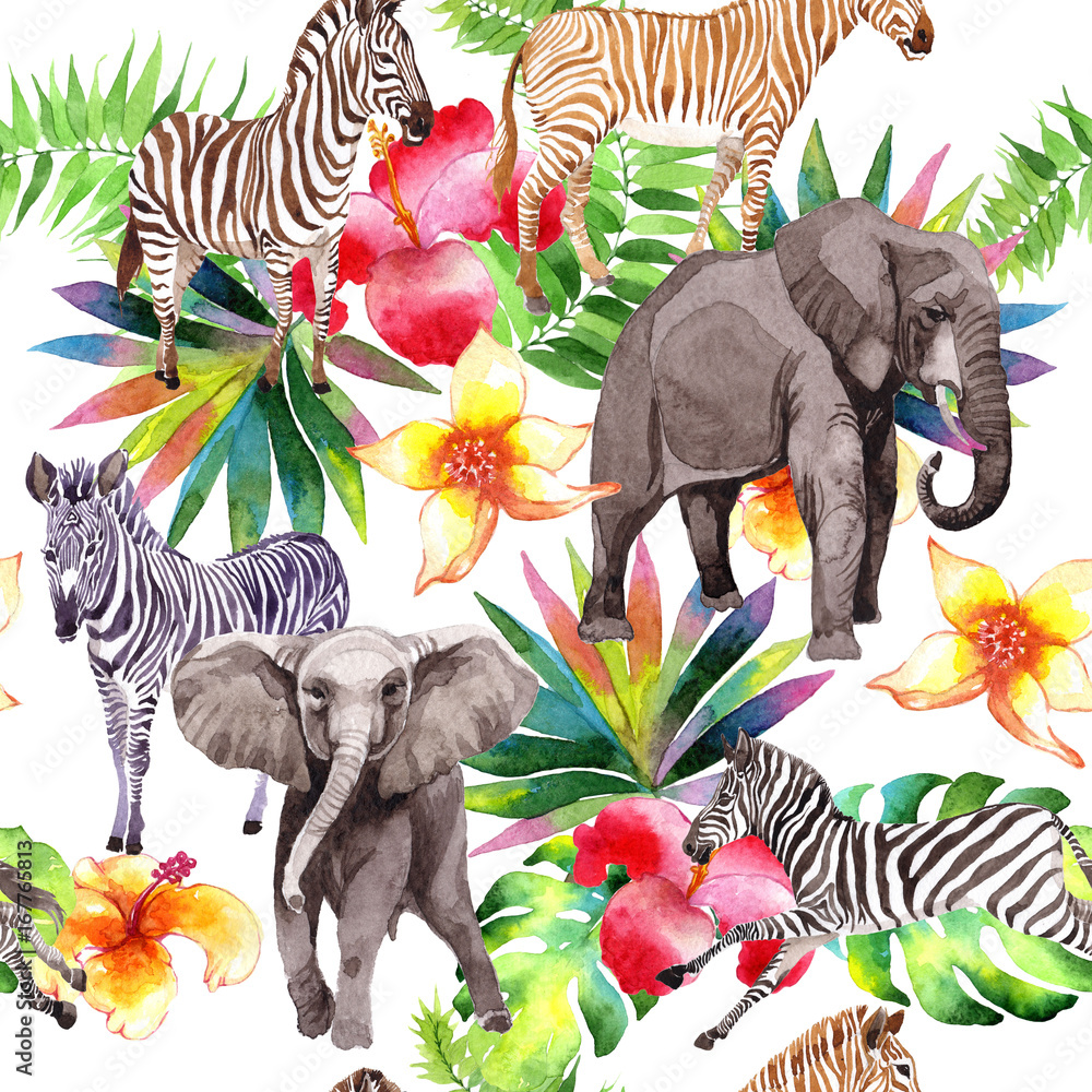 Exotic zebra and elephant wild animals pattern in a watercolor styl. Full  name of the animal: zebra. Aquarelle wild animal for background, texture,  wrapper pattern or tattoo. Stock Illustration | Adobe Stock