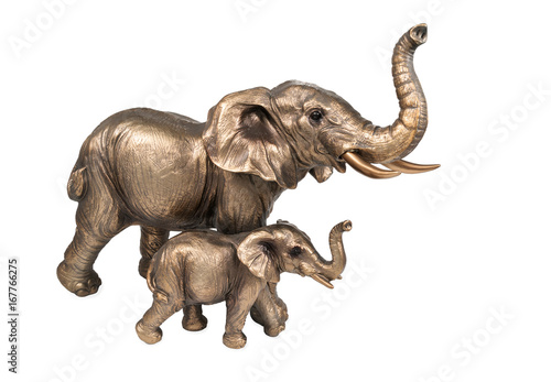 Bronze statuette of elephant and baby elephant isolated on white background © Gribanov