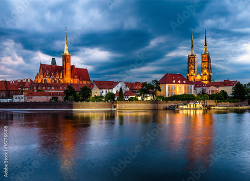 Night cityscape cathedral in Wrocław, river Odra. Poland