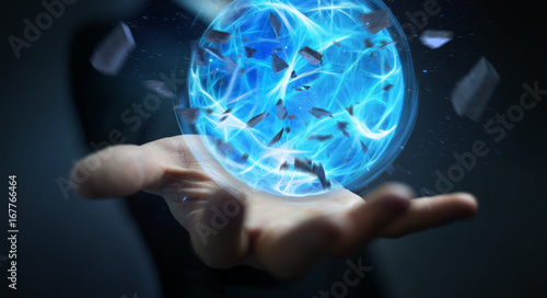 Businessman creating a power ball with his hand 3D rendering