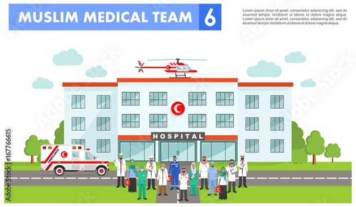 Medical concept. Detailed illustration of muslim arabian doctor, nurses, helicopter, ambulance cars and hospital building in flat style on white background. Practitioner arabic doctors standing.