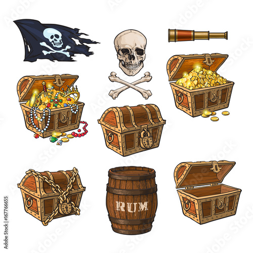 Pirate set - treasure chests, jolly Roger flag, rum barrel, field glass, skull and bones, hand drawn cartoon vector illustration isolated on white background. Hand drawn cartoon pirate set