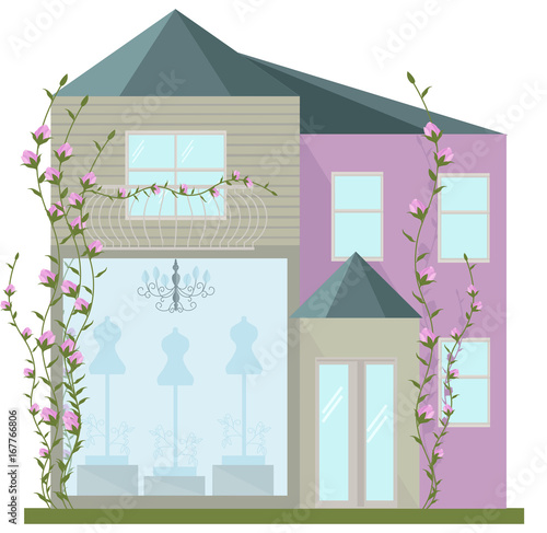 Modern architecture facade of a fashion house. Vector illustration flowers