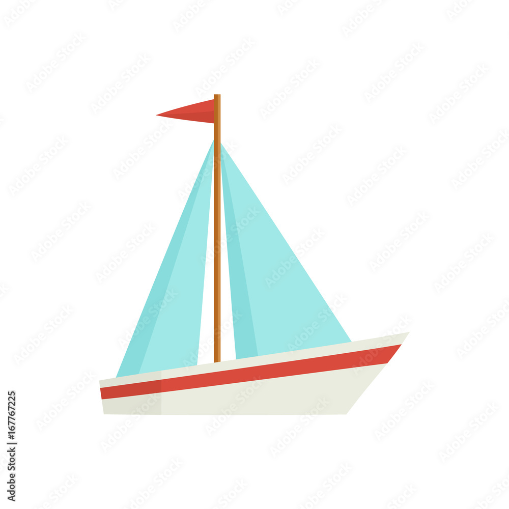 Little sailing ship, boat, sailboat, flat style cartoon vector illustration isolated on white background. Flat cartoon vector illustration of toy boat, sailing ship, sailboat with white sails