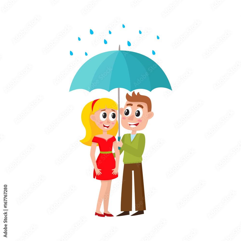 vector young man and woman walks in the rain happily keeping umbrella in  hand. Flat cartoon isolated couple illustration on a white background Stock  Vector | Adobe Stock