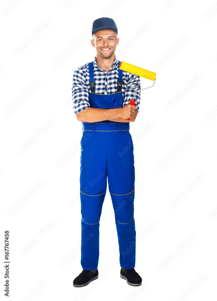 Full length portrait of smiling painter with paint roller Full length portrait of smiling painter with paint roller