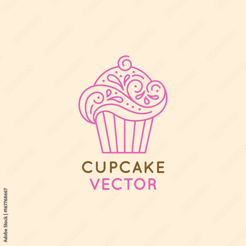 Vector logo design template and insignia in flat linear style - sweet cupcake Vector logo design template and insignia in flat linear style - sweet cupcake