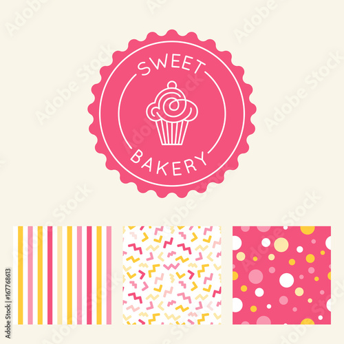 Vector logo design template and insignia in flat linear style - sweet cupcake