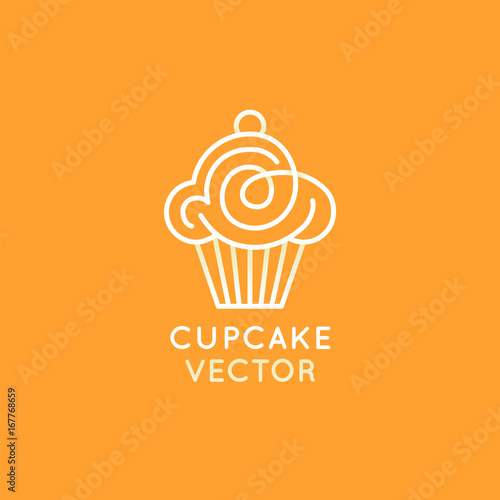 Vector logo design template and insignia in flat linear style - sweet cupcake
