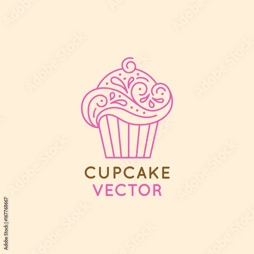 Vector logo design template and insignia in flat linear style - sweet cupcake