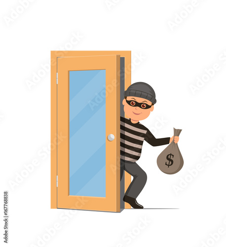 Thief in a mask holding a money bag and sneaks through the door. Cartoon burglar in flat style.