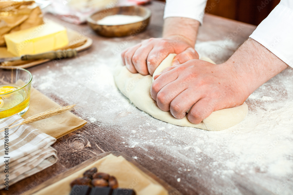 Bread Making Dough Knead Pastry Bakery Kitchen Man Cooking Process ...