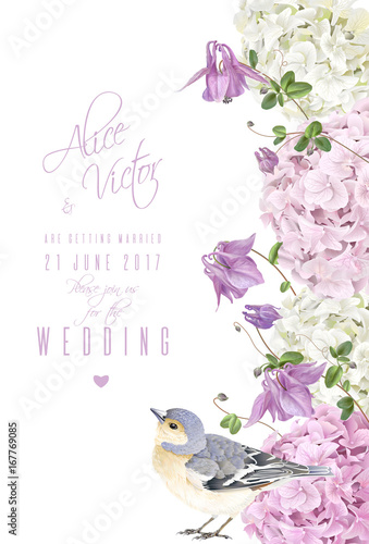 Hydrangea bird vertical banner