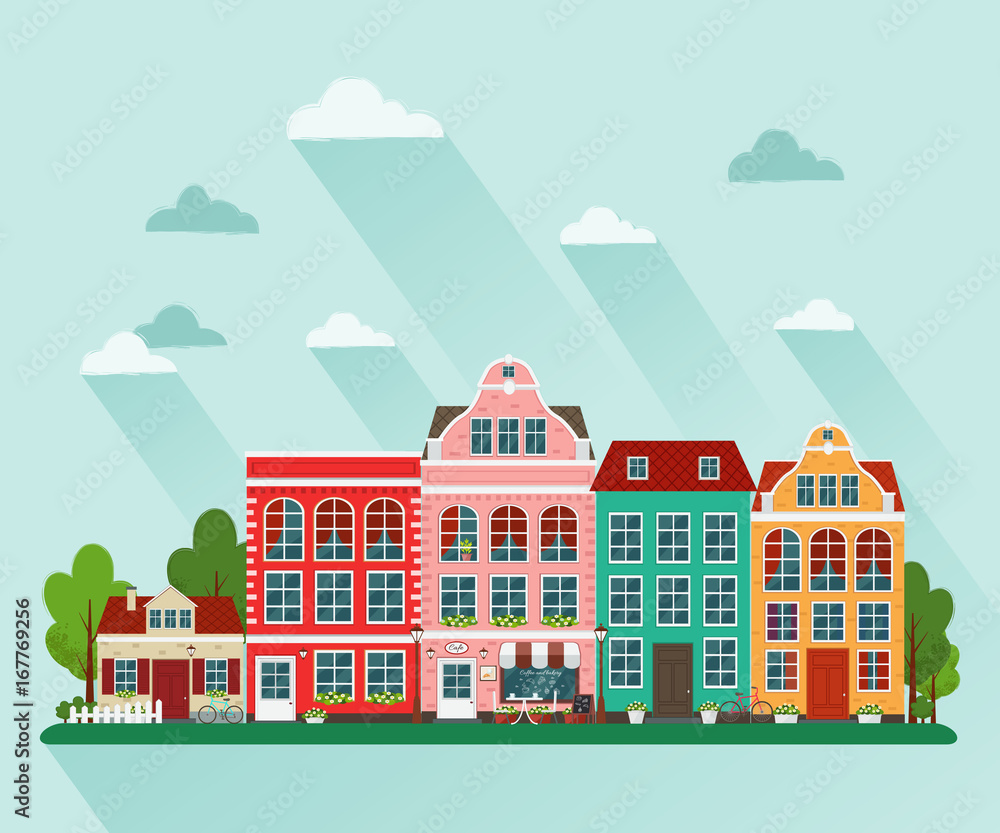 Vector illustration of european town. Flat design. Old houses.