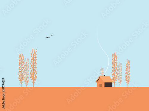 Autumn landscape vector illustration with poplar trees and minimalistic cabin. Fall postcard template concept.