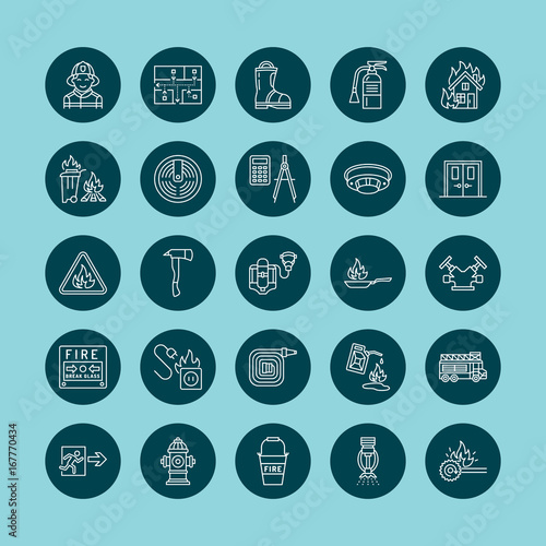 Firefighting, fire safety equipment flat line icons. Firefighter, fire engine extinguisher, smoke detector, house, danger signs, firehose. Flame protection thin linear pictogram on dark background.