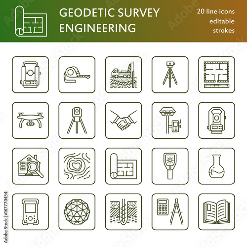 Geodetic survey engineering vector flat line icons. Geodesy equipment, tacheometer, theodolite, tripod. Geological research, building measurement inspection illustration. Construction service signs.