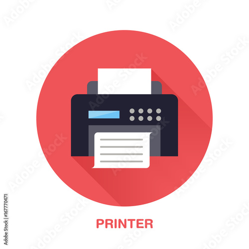 Black printer with paper page flat style icon. Wireless technology, office equipment sign. Vector illustration of communication devices for electronics store.