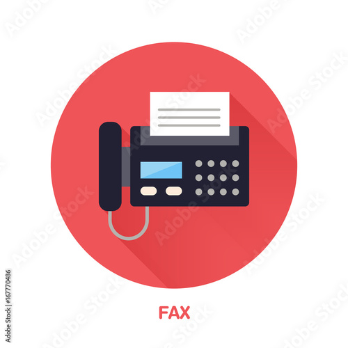 Black fax phone with paper page flat style icon. Wireless technology, office equipment sign. Vector illustration of communication devices for electronics store. photo