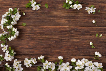 Spring flowers. Branches of a flowering plum on a brown table.