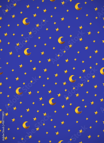 Vertical card. Pattern with gold cartoon stars and moons on blue background.