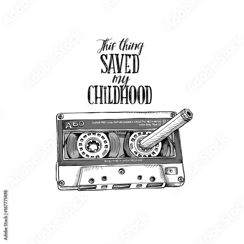 Humor poster with image of a Audio Cassette and a pencil. Vector illustration.