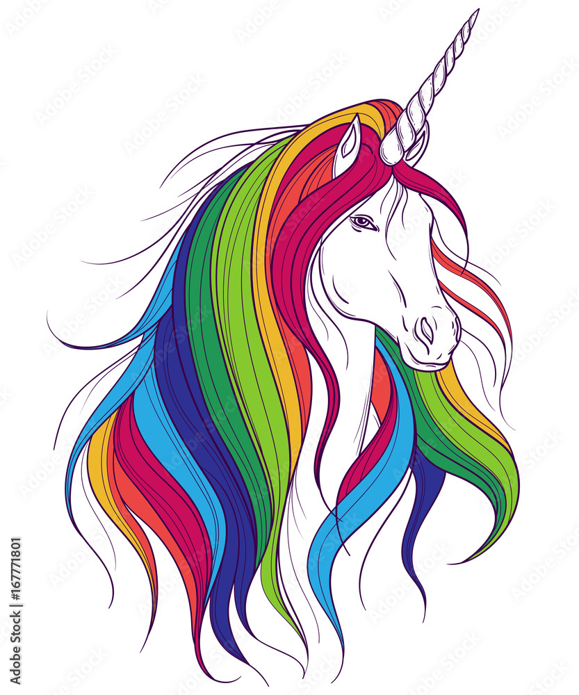 Unicorn with rainbow mane on white background. Design concept for print ...