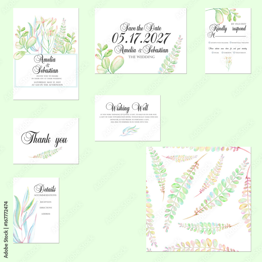 Template cards set with tender watercolor mint and green branches; wedding design for invitation, Save the date card, RSVP, Thank you card, Wishing Well card,  for anniversary day