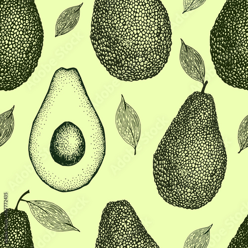 Vector hand drawn avocado seamless pattern. Whole avocado, half, leaf and seed sketch. Retro style background. Detailed food drawing.