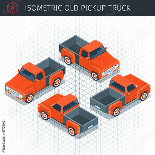 Isometric red pickup truck car. 3d vector transport icon. Highly detailed vector illustration
