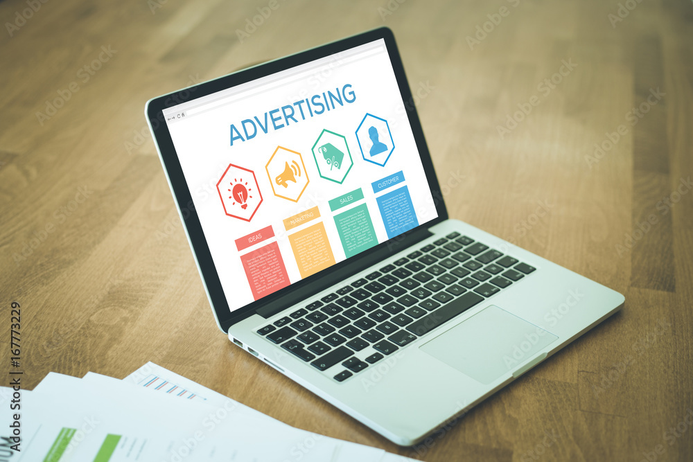 Advertising Ideas Marketing Sales Customer Word With Icons - obrazy, fototapety, plakaty 